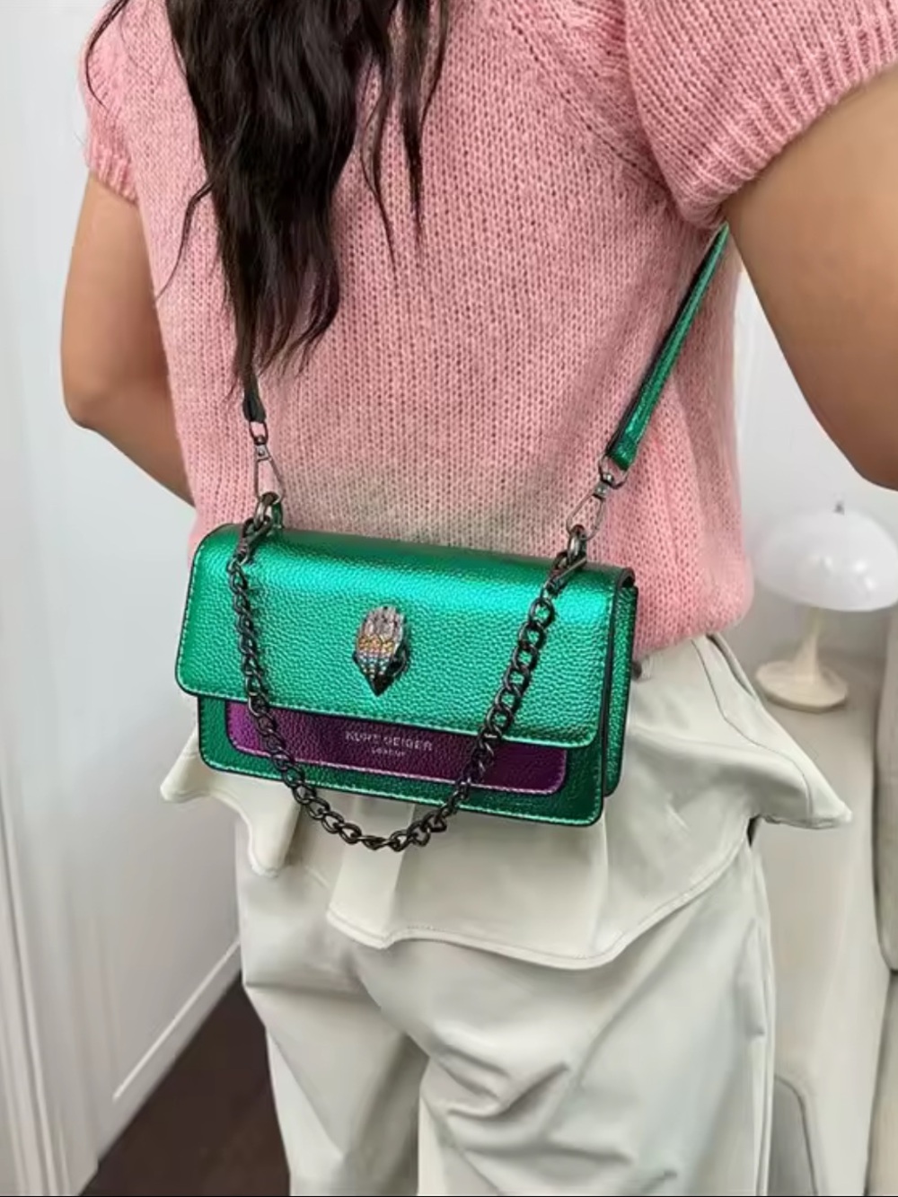 Kurt Geiger Metallic Green & Purple Crossbody Bag with Chain